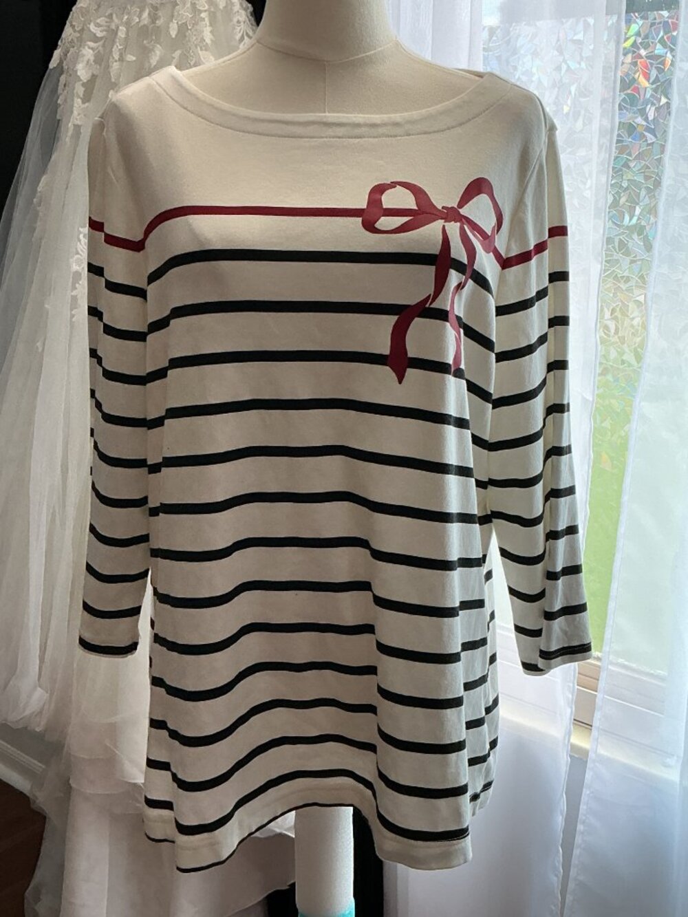 Croft & Barrow Striped Boatneck Tee Red Ribbon Graphic Women's XXL